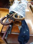 VARIOUS GOLF CLUBS, WALKING STICKS, FISHING NET, ROD, PAPIER MACHE TABLE TOP ETC