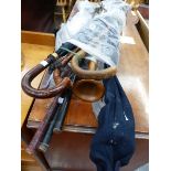 VARIOUS GOLF CLUBS, WALKING STICKS, FISHING NET, ROD, PAPIER MACHE TABLE TOP ETC