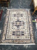 A INTERESTING ORIENTAL TRIBAL FLAT WEAVE RUG. 144 x 105cms. TOGETHER WITH A SMALL CHINESE TYPE