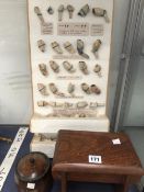 A COLLECTION OF CLAY PIPE BOWLS, A TOBACCO BARREL AND A STOOL