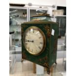 A GREEN CHINOISERIE LACQUERED MANTLE CLOCK