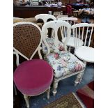 TWO PAIRS OF CREAM PAINTED CHAIRS TOGETHER WITH ANOTHER WITH A CANED BACK