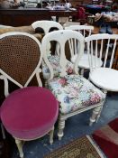 TWO PAIRS OF CREAM PAINTED CHAIRS TOGETHER WITH ANOTHER WITH A CANED BACK