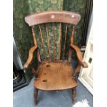 AN OAK KITCHEN ELBOW CHAIR, A TEXTILE COVERED FOUR FOLD SCREEN AND A BLACK AND GILT FLUTED COLUMN