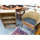A LLOYD LOOM TYPE GILT CURVED BACKED CHAIR TOGETHER WITH AN OPEN BOOK CASE EN SUITE