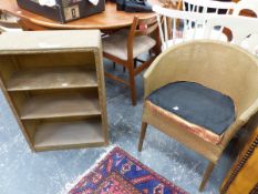 A LLOYD LOOM TYPE GILT CURVED BACKED CHAIR TOGETHER WITH AN OPEN BOOK CASE EN SUITE