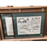 AFTER J BLAEU. AN ANTIQUE HAND COLOURED MAP OF DORSET. 41 x 53cms TOGETHER WITH A LATER MAP OF