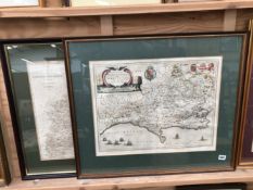 AFTER J BLAEU. AN ANTIQUE HAND COLOURED MAP OF DORSET. 41 x 53cms TOGETHER WITH A LATER MAP OF