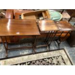 THREE 19th C. MAHOGANY WINE TABLES, ONE RECTANGULAR TOP WITH AN EBONY LINE EDGE AND THE OTHER TWO