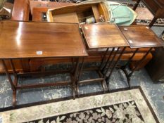 THREE 19th C. MAHOGANY WINE TABLES, ONE RECTANGULAR TOP WITH AN EBONY LINE EDGE AND THE OTHER TWO