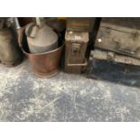 A COPPER COAL SCUTTLE, FUEL CANS, A WATERING CAN, METAL AND WOODEN BOXES