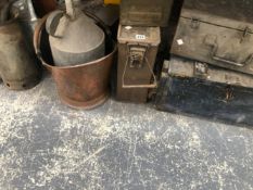 A COPPER COAL SCUTTLE, FUEL CANS, A WATERING CAN, METAL AND WOODEN BOXES