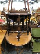 TWO OAK OVAL DROP FLAP TABLES, ANOTHER TABLE WITH THE SQUARE TOP EDGE WITH A CARVED BAND AND A