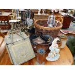 A VICTORIAN BRASS AND A COPPER COAL SCUTTLE, FIRE IRONS, MR PUNCH DOOR STOP, A LOGS BASKET, ETC.