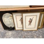 AN EDWARDIAN BEVELLED OVAL MIRROR TOGETHER WITH THREE DECORATIVE PRINTS