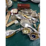 A HALLMARKED SILVER DRESSING TABLE SET, SILVER PLATED CUTLERY ETC.