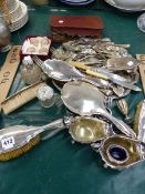 A HALLMARKED SILVER DRESSING TABLE SET, SILVER PLATED CUTLERY ETC.