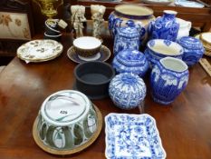 AN ALDERMASTON ALAN CAIGER SMITH CHEESE DISH COVER ON WOOD STAND, A COPELANDS BOWL AND PLATE, A PAIR