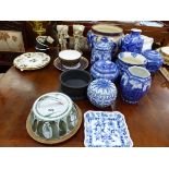 AN ALDERMASTON ALAN CAIGER SMITH CHEESE DISH COVER ON WOOD STAND, A COPELANDS BOWL AND PLATE, A PAIR