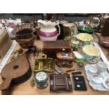 SYLVAC WARES, A COPPER PLANTER, BRASS WARE, OAK FIRE BELLOWS, A CHINESE CARVED WOOD BOX, ETC.