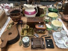 SYLVAC WARES, A COPPER PLANTER, BRASS WARE, OAK FIRE BELLOWS, A CHINESE CARVED WOOD BOX, ETC.