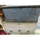 A GREY PAINTED PINE TWO HANDLED BOX. W 91cms. TOGETHER WITH ANOTHER PAINTED IN PALER GREY AND WITH A