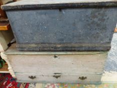 A GREY PAINTED PINE TWO HANDLED BOX. W 91cms. TOGETHER WITH ANOTHER PAINTED IN PALER GREY AND WITH A