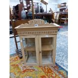 A PAIR OF VICTORIAN MAHOGANY CHAIRS, A GLAZED PINE WALL CUPBOARD TOGETHER WITH A FLOOR STANDING