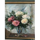 20th C. RUSSIAN SCHOOL. A FLORAL STILL LIFE, SIGNED AND INSCRIBED, OIL ON CANVAS. 62 x 52cms