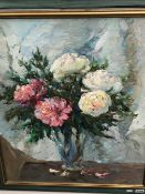 20th C. RUSSIAN SCHOOL. A FLORAL STILL LIFE, SIGNED AND INSCRIBED, OIL ON CANVAS. 62 x 52cms