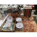 A WOODEN CHESS BOARD, COPPER WARES, SMALL GILT FRAMED MIRROR, A LEATHER RIDING CROP, CHINA AND
