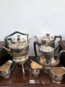 A COLLECTION OF ELECTROPLATE, COMPRISING THREE OF COFFEE POTS, MILK JUGS AND TWO HANDLED SUGAR BOWLS