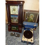 A VICTORIAN AMERICAN OGEE WALL CLOCK, A VINTAGE PORTABLE DECCA NUMBER 50 GRAMOPHONE AND A PRINT.