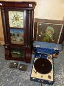 A VICTORIAN AMERICAN OGEE WALL CLOCK, A VINTAGE PORTABLE DECCA NUMBER 50 GRAMOPHONE AND A PRINT.