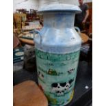 A TWO HANDLED MILK CHURN PAINTED WITH GRAZING COWS AND CALVES AND RED POPPIES