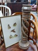 A WOODEN PRICKET CANDLESTICK ON MULTI STEM SPIRAL TURNED COLUMN TOGETHER WITH A PRINT OF WOODCOCK