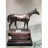 A SILVER PLATE MODEL OF A HORSE NAMED SILVER BALM ON THE HALLMARKED SILVER PLAQUE ON THE STAND