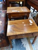 A 20th C. SATIN WOOD BANDED MAHOGANY LOW TABLE WITH SINGLE DRAWER TOGETHER WITH A TALLER 20th C. OAK