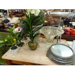 POTTED IMITATION PLANTS, A MIRRORED TABLE PLATEAU, A GLASS BOWL AND AN ALUMINIUM TWO HANDLED TRAY