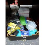 A BOX OF MISCELLANEA: DIE CAST TOYS, DRILL PIECES, COLOURING WAX, POLISHING HEADS, A PAINT