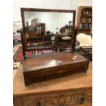 AN EARLY 19th C. BRASS INLAID ROSEWOOD DRESSING TABLE MIRROR ON A BOX OPENING CENTRALLY TO REVEAL