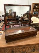 AN EARLY 19th C. BRASS INLAID ROSEWOOD DRESSING TABLE MIRROR ON A BOX OPENING CENTRALLY TO REVEAL