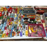 AN INTERESTING COLLECTION OF VINTAGE DIE CAST VEHICLES, HORNBY AND OTHER RAILWAY, A MARX PLUTO TIN