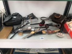 WRISTWATCHES, BRIAR PIPES AND THREE CAMERAS AND A LEICA LEATHER CASE.