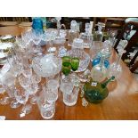 A COLLECTION OF GOOD QUALITY CUT AND OTHER DRINKING GLASS WARES, DECANTERS, BOWLS, JUGS ETC.