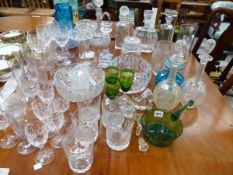 A COLLECTION OF GOOD QUALITY CUT AND OTHER DRINKING GLASS WARES, DECANTERS, BOWLS, JUGS ETC.