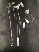 A 14ct WHITE GOLD DIAMOND AND GEM SET PENDENT AND EARRING SET, TOGETHER WITH A 9ct WHITE GOLD