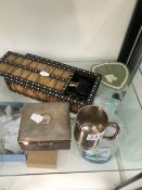 A HALLMARKED SILVER CHRISTENING CUP, SILVER CIGARETTE BOX, A QUILL BOX, AND A WEDGWOOD PIN TRAY ETC.