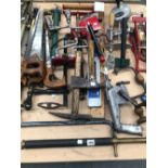 A COLLECTION OF HAND TOOLS, DRILLS, A SWORD, ETC.