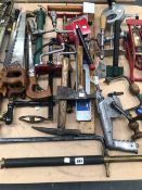 A COLLECTION OF HAND TOOLS, DRILLS, A SWORD, ETC.